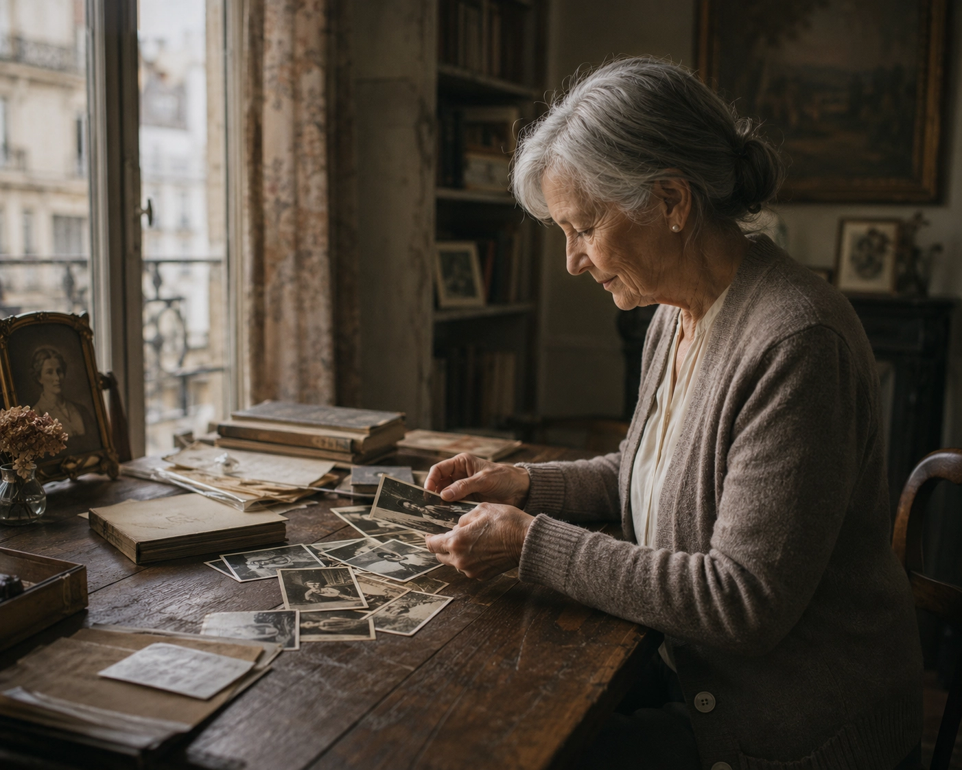 Older woman sorting through family photographs at a table